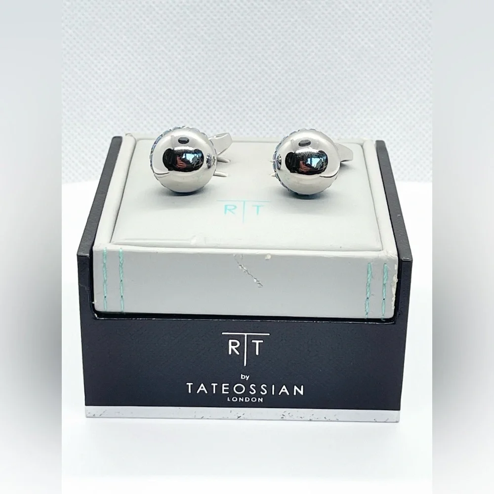 R|T by Robert Tateossian London Swarovski Blue Crystal Cufflinks Rhodium w Box